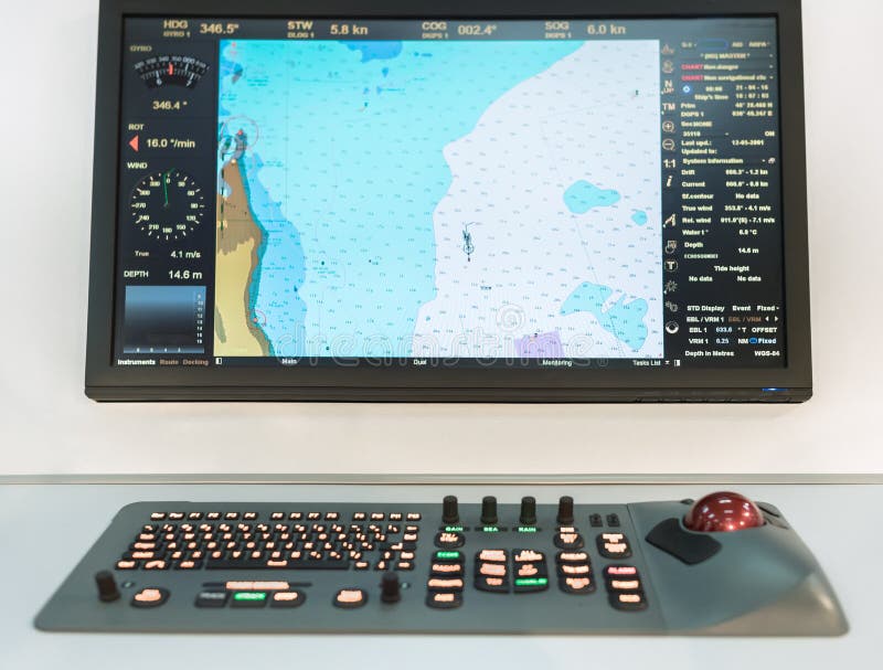 Navigational panel on a boat. Ð¡oastline map on a screen of a navigator